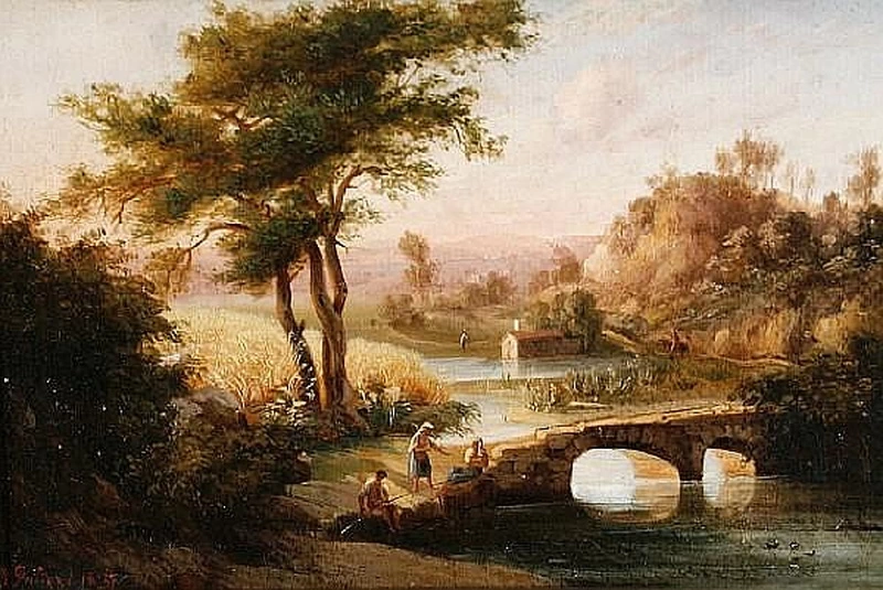 Paesaggio con figure su un ponte